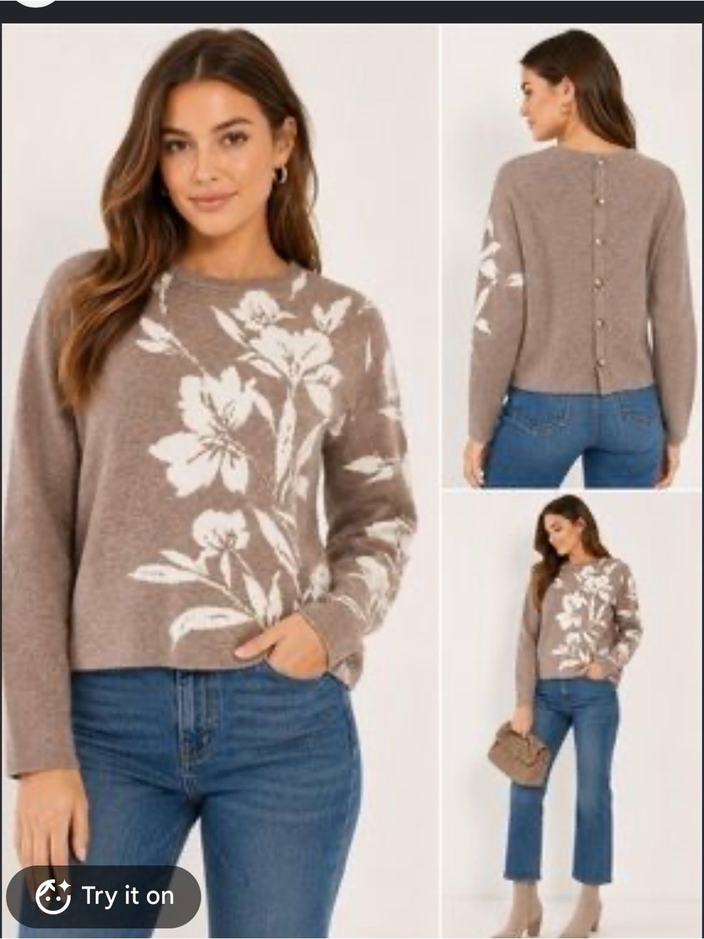 Joie Floral Button-Back Crewneck Sweater Soft Girl - Taupe/White XS